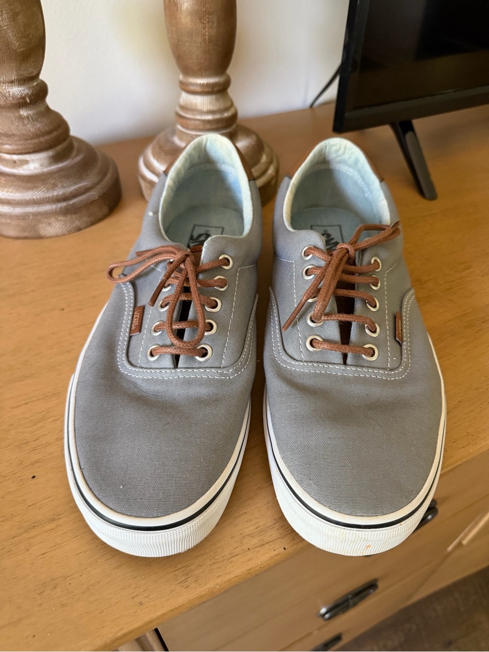 Vans Men’s Canvas Sneakers in Gray with Brown Laces